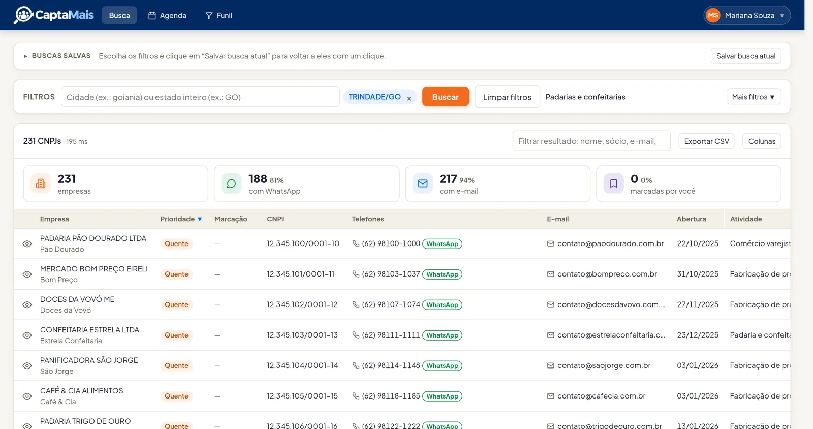 Tela de busca da CaptaMais: empresas de padarias em Trindade/GO com telefone, WhatsApp, e-mail e prioridade