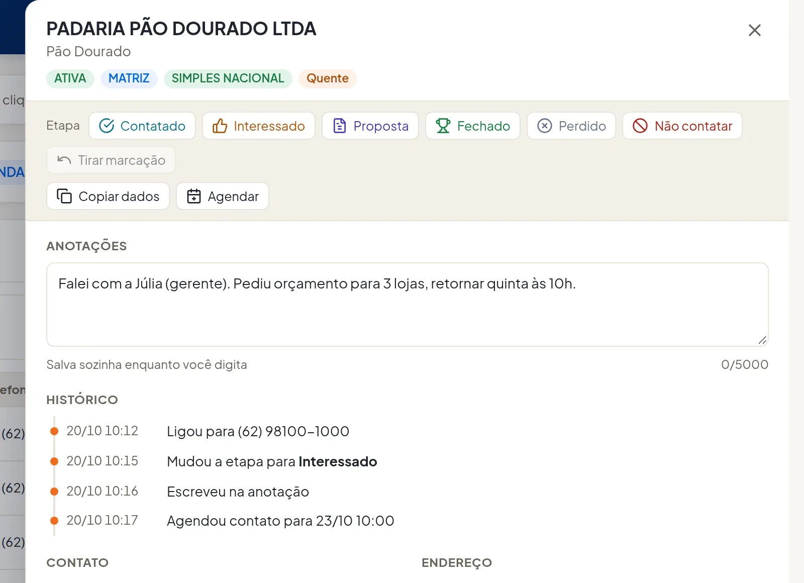 Ficha da empresa com etapas do funil, anotações e histórico de contatos