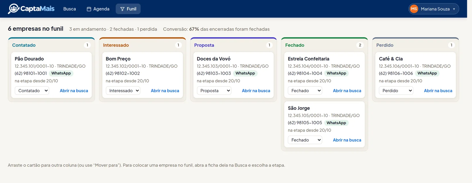 Funil de vendas com as colunas Contatado, Interessado, Proposta, Fechado e Perdido